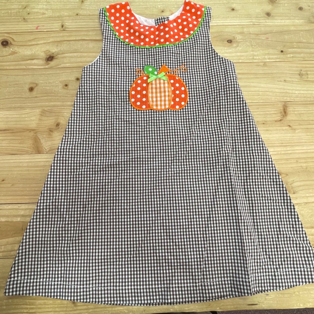 Lil Cactus Girl's 4T‎ Brown Gingham Check Pumpkin Applique Dress Fall